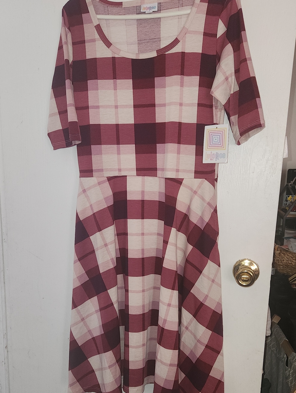 LuLaRoe Purple Burgundy and Cream Plaid Fit & Flare Dress